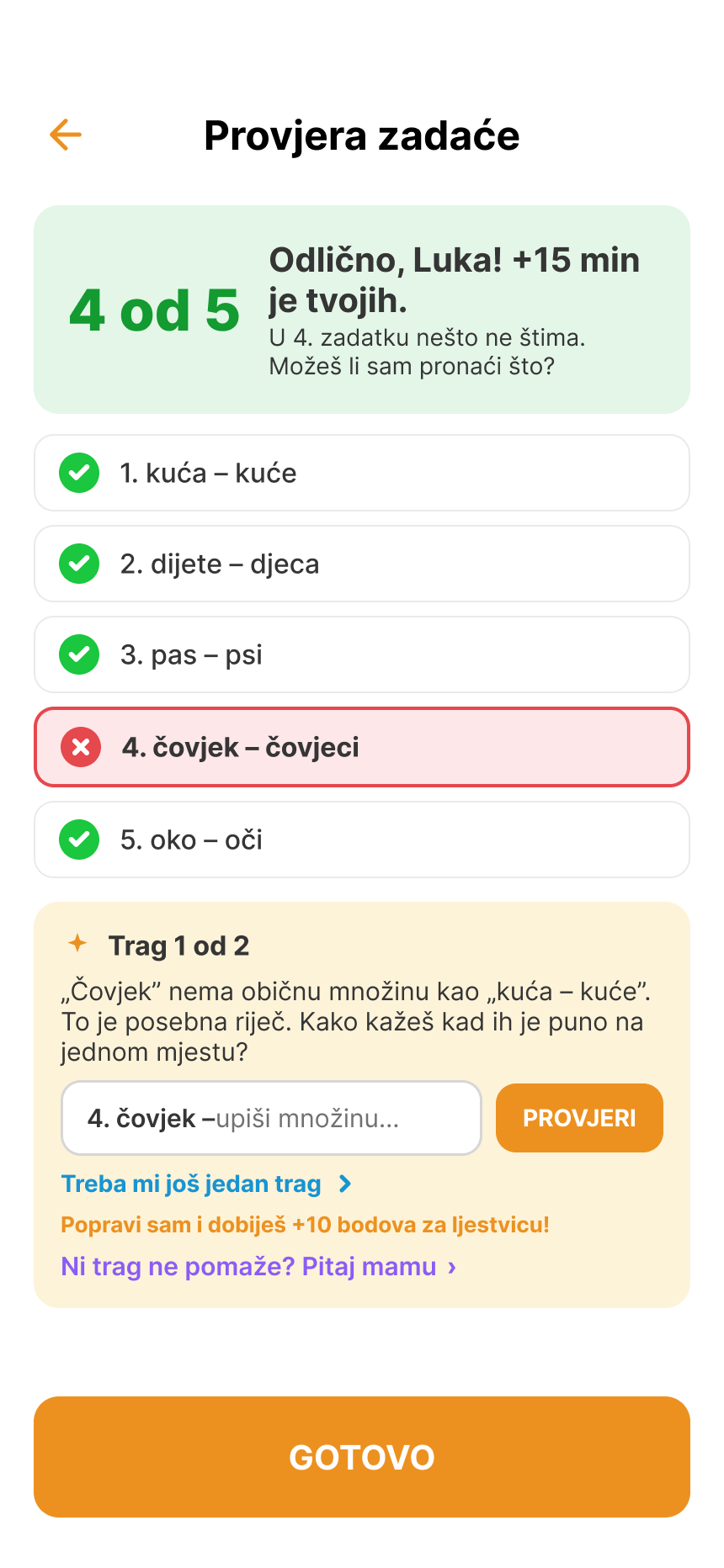 AI homework check: 4 out of 5 correct, with the mistake explained