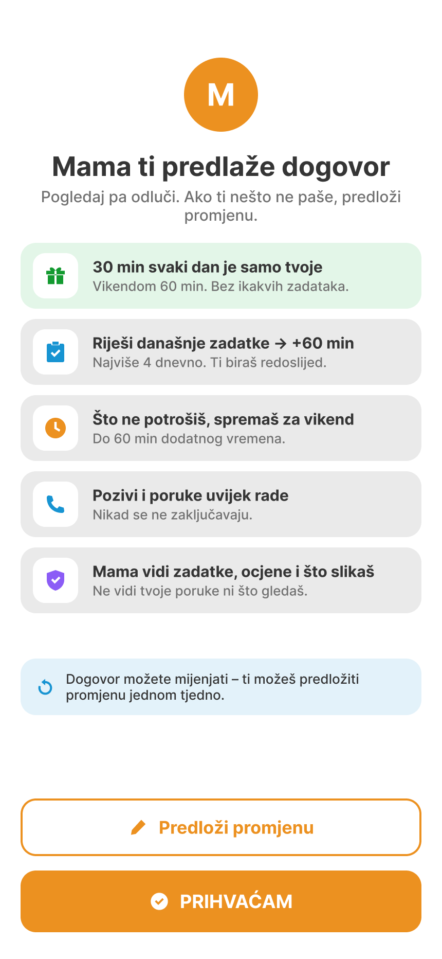 The child's screen: Mum proposes an agreement, with Suggest a change and I accept buttons