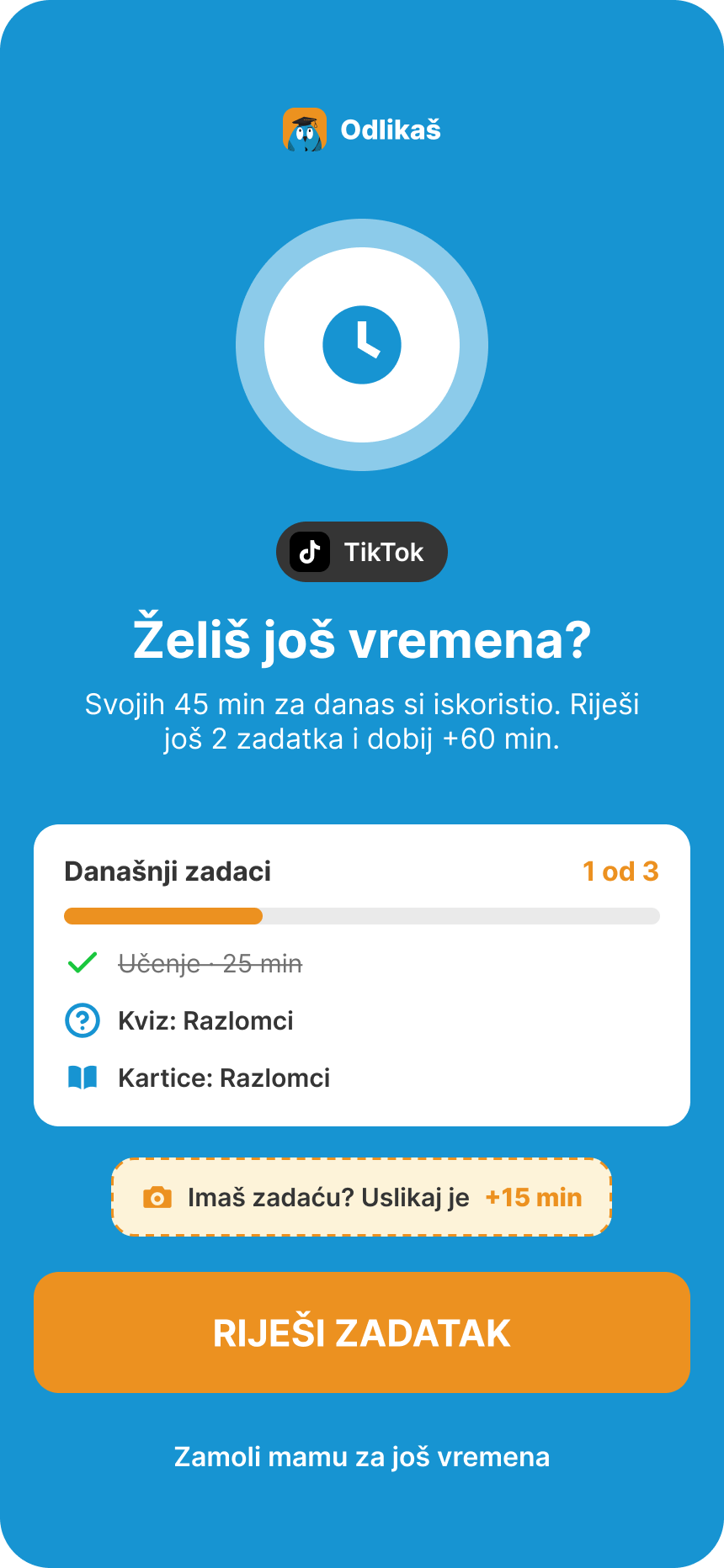 The child's screen on opening TikTok after free time: TikTok is blocked, 45 minutes are used, and 3 more tasks earn +60 min
