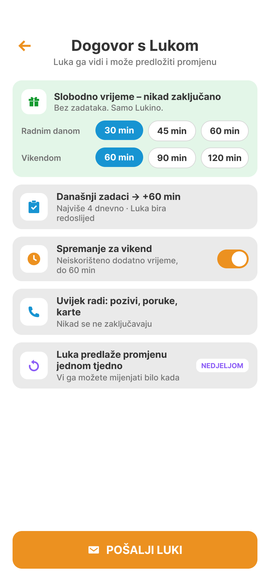Parent agreement screen: 30 minutes of free time on weekdays and 60 at weekends, today’s tasks earn +60 min