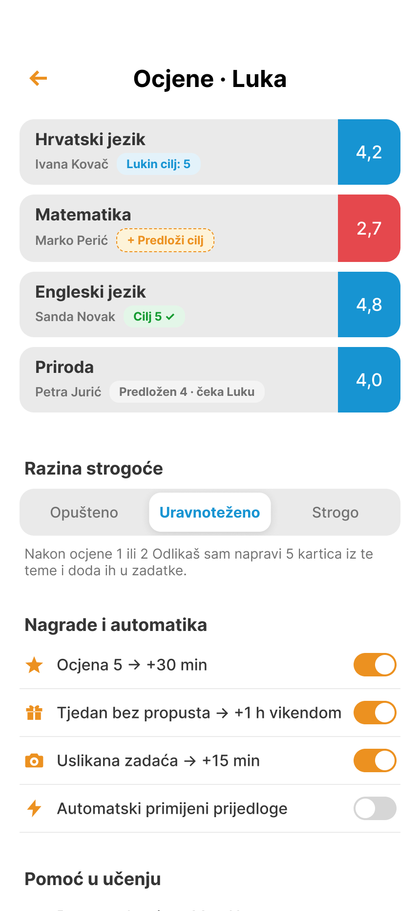 Grades per subject with the strictness level, rewards for good grades and smart cards