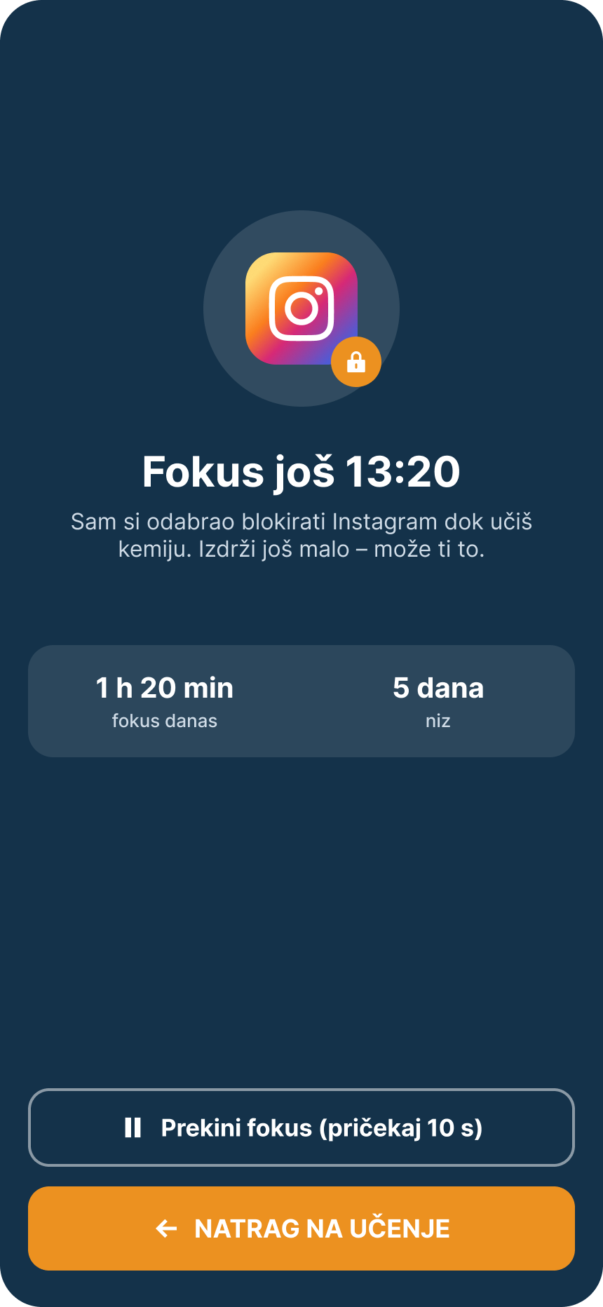 Focus: Instagram is blocked for 13 more minutes because you chose to block it while studying chemistry